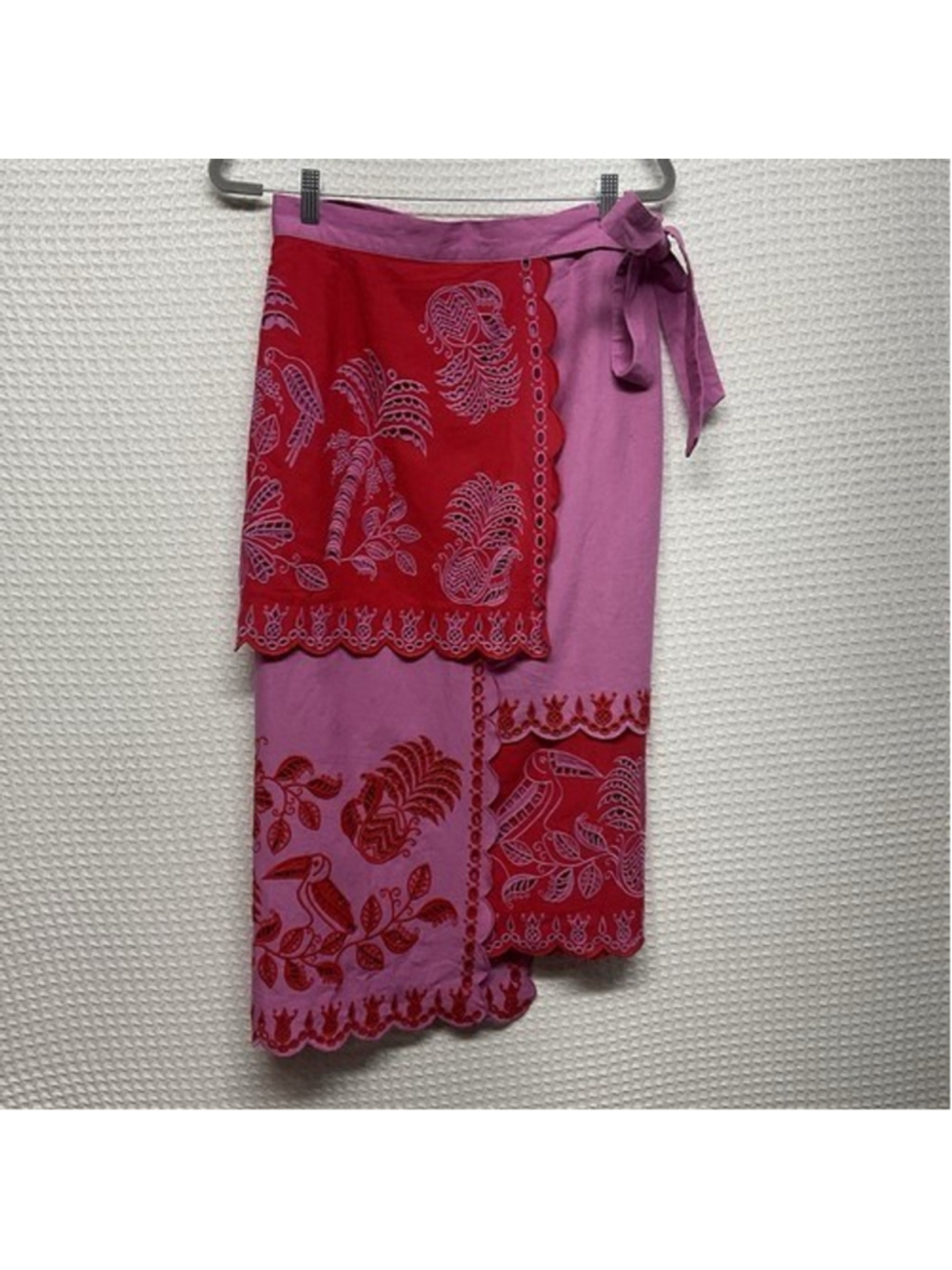 Farm Rio Richilieu Red Palm Tree Eyelet Embroidered Midi Wrap Skirt Women Medium - Picture 9 of 12
